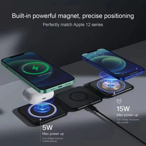 15W Foldable fast charging wireless 3 in 1 magnetic phone charger - Image 2